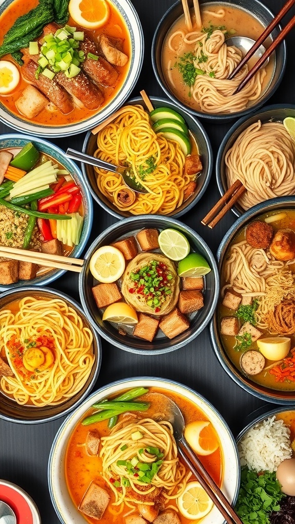 A variety of noodles in bowls with vegetables and protein, garnished with green onions and sesame seeds, ready for a mukbang.